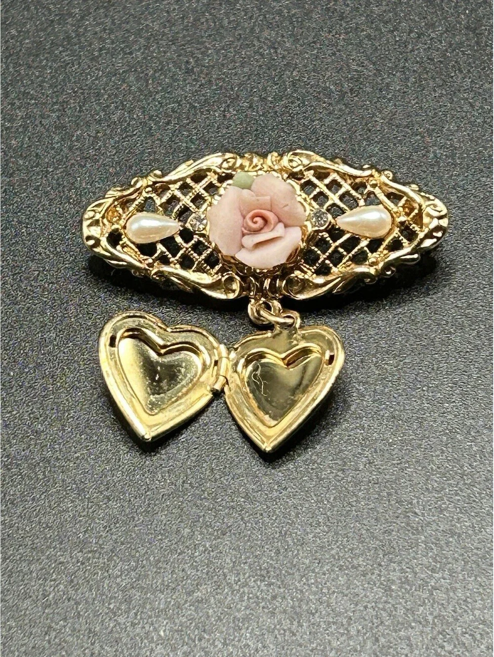 Vintage Jewelery Brand 1928 Porcelain Flower Faux Pearl Pin Brooch w/Locket  70s